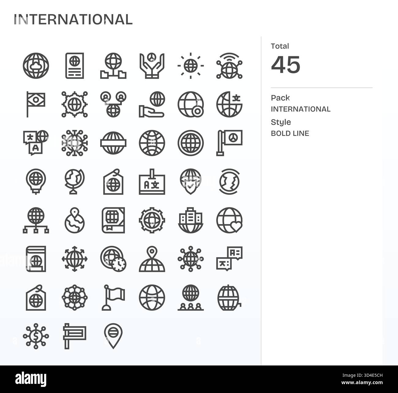 Verbessern Sie die Benutzerfreundlichkeit mit 45 Symbolen mit fetten Linien, die mit International verknüpft sind und für gestochen scharfes Rendering entwickelt wurden. Stock Vektor