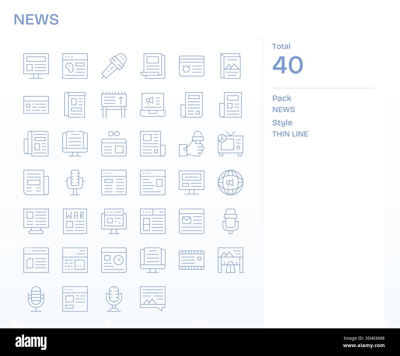 Ein vollständiges visuelles System von 40 Thin Line Icons zu Ehren von News, das zur Dokumentation bereit ist. Stock Vektor