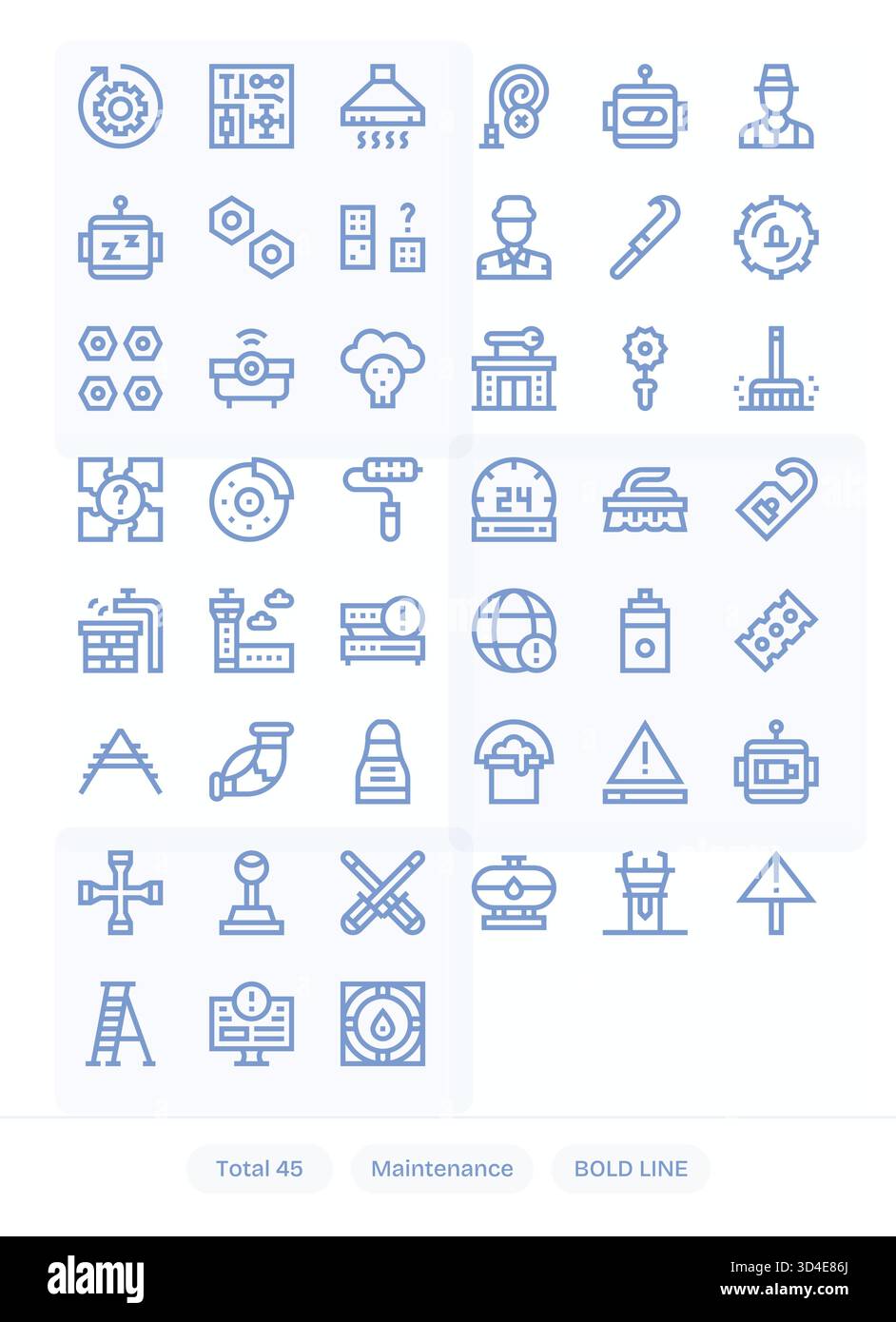 Ein vollständiges Toolkit mit 45 Bold Line Symbolen für die Wartung, ideal für Schnittstellen der Unternehmensklasse. Stock Vektor