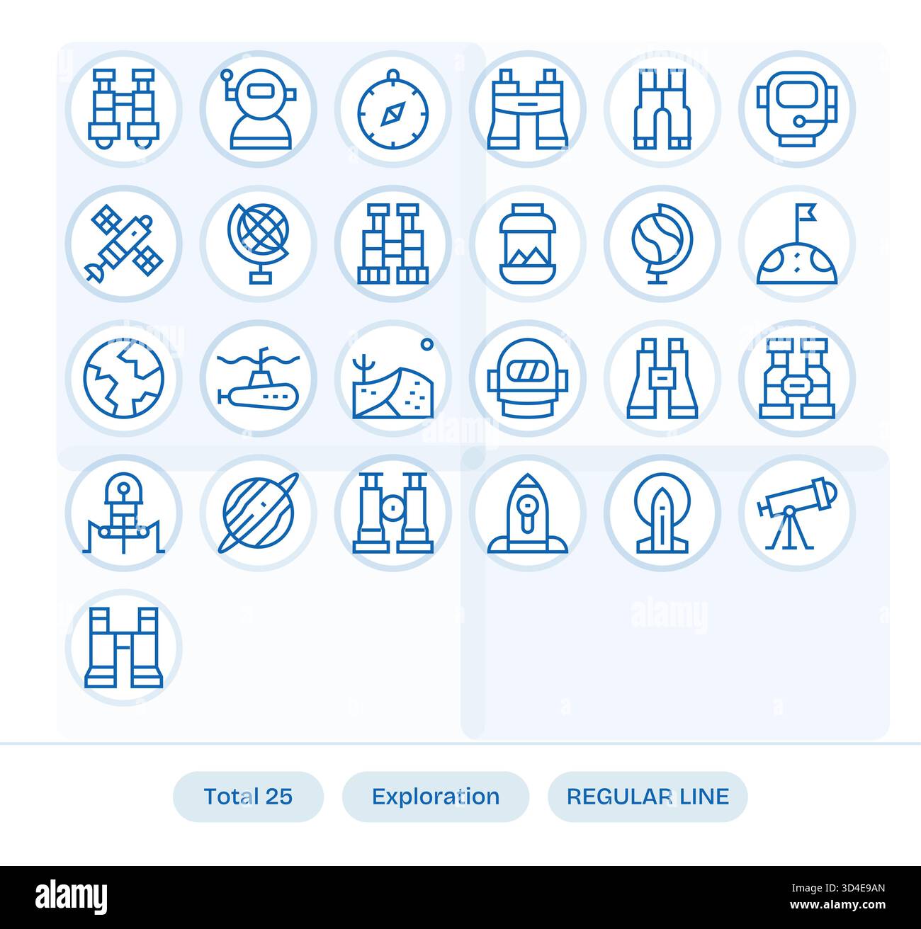 Verbessern Sie die Benutzerfreundlichkeit mit 25 Symbolen für reguläre Linien, die mit Exploration verknüpft sind und für gestochen scharfes Rendering entwickelt wurden. Stock Vektor