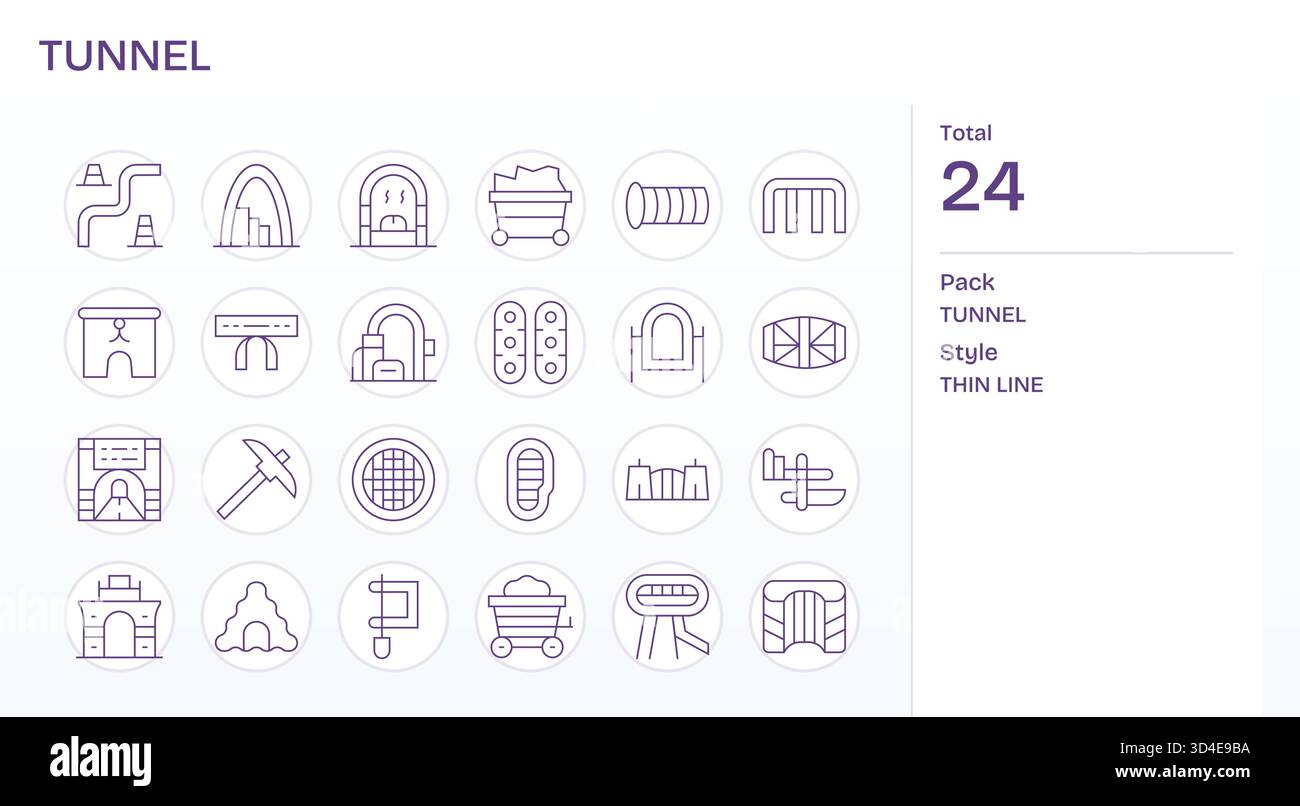 Erstellen Sie zusammenhängende UI-Flüsse mit 24 dünnen Linien-Symbolen, die auf dem Tunnel zentriert sind und bereit für die Iteration sind. Stock Vektor