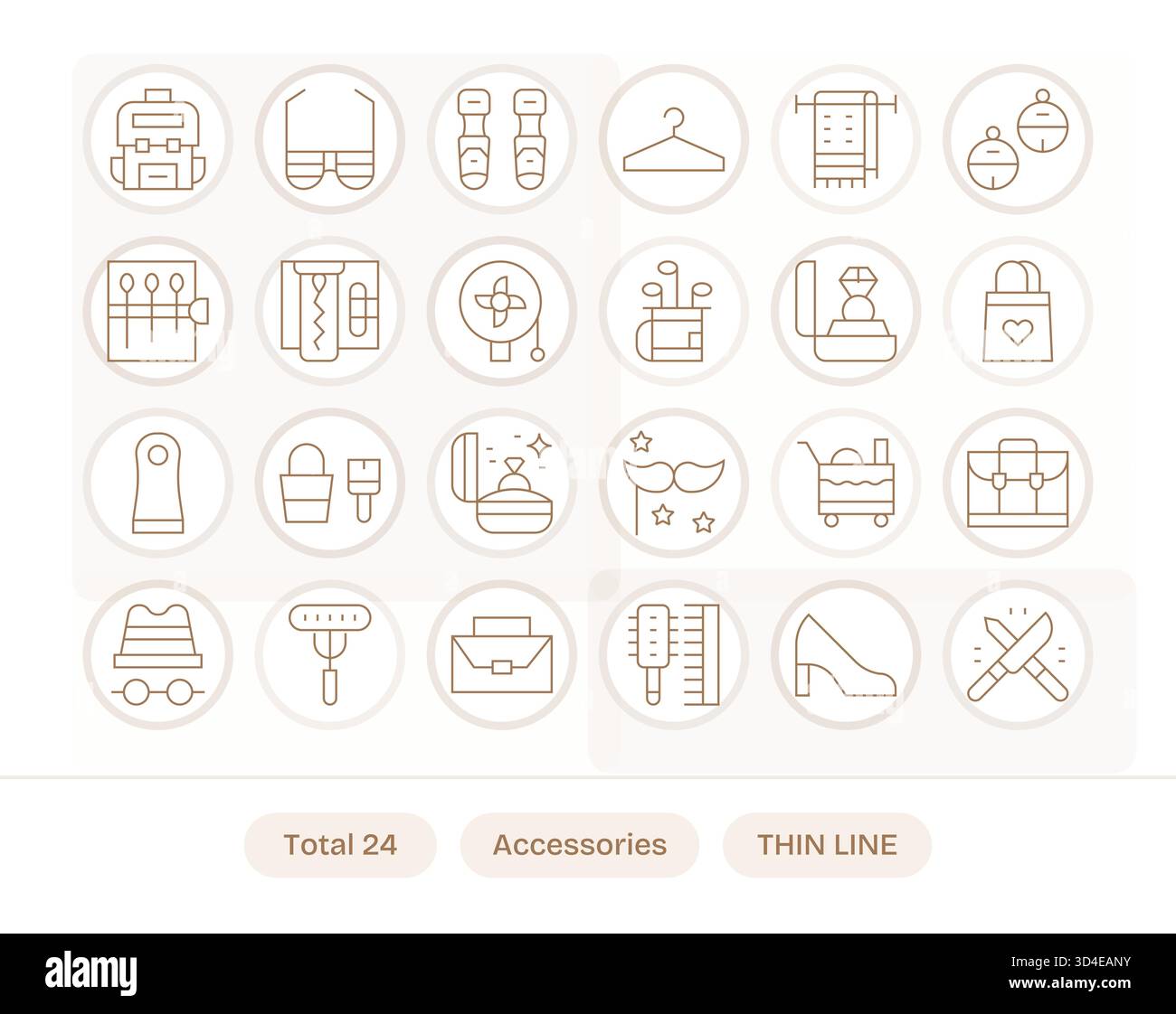 Ein strukturierter Symbolsatz mit 24 Thin Line Assets, die Zubehör wiedergeben, optimiert für die Entwicklungsübergabe. Stock Vektor