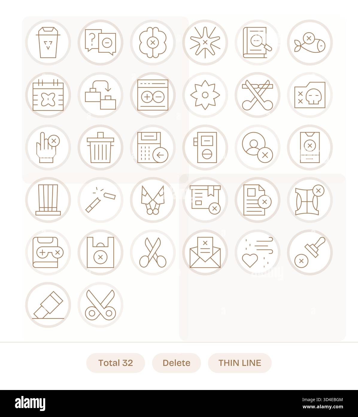 Ein vielseitiger Satz von 32 dünnen Vektorsymbolen mit Fokus auf Löschen, ideal für mobile und Web-Anwendungen. Stock Vektor