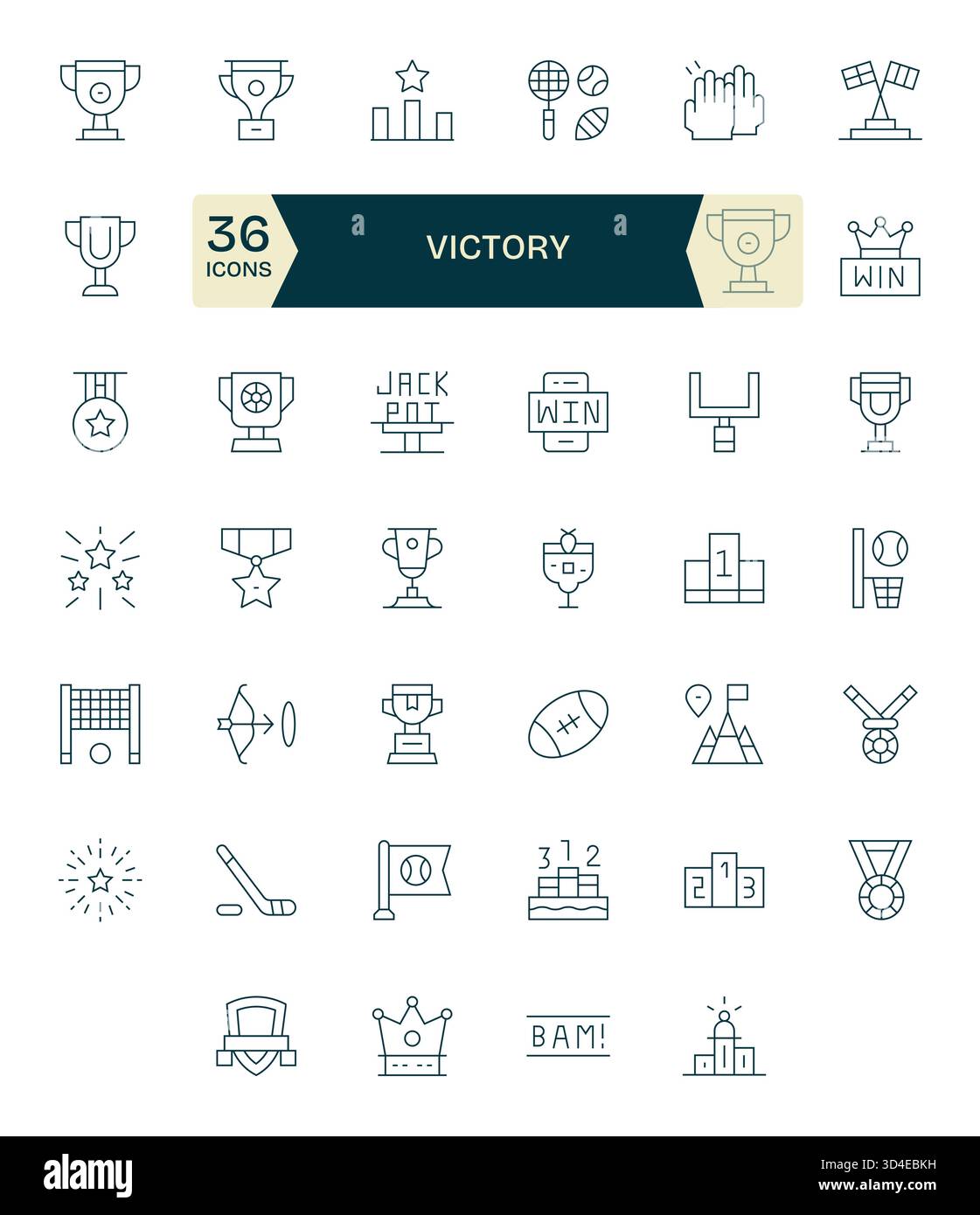 Polieren Sie jeden Bildschirm mit 40 dünnen Linien-Symbolen, die auf Victory ausgerichtet sind, perfekt für Komponentenbibliotheken. Stock Vektor