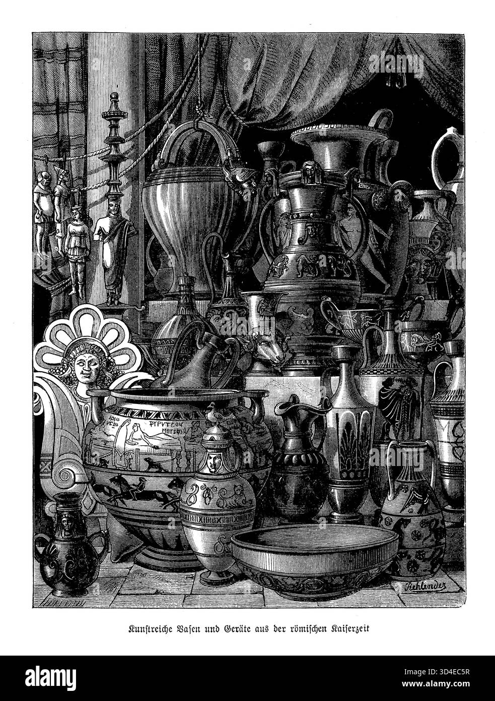 Römische kaiserliche Vasen und Utensilien. Aufwendig verzierte Gefäße und Utensilien aus der römischen Kaiserzeit – Symbole für Raffinesse, Fülle und zeitloses Design. Stockfoto