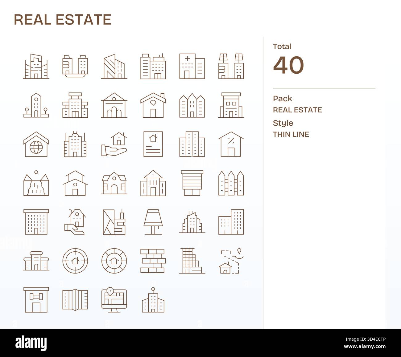 Ein vielseitiges Icon-Toolkit mit 40 Thin Line-Assets im Immobilienbereich, das wiederverwendet werden kann. Stock Vektor
