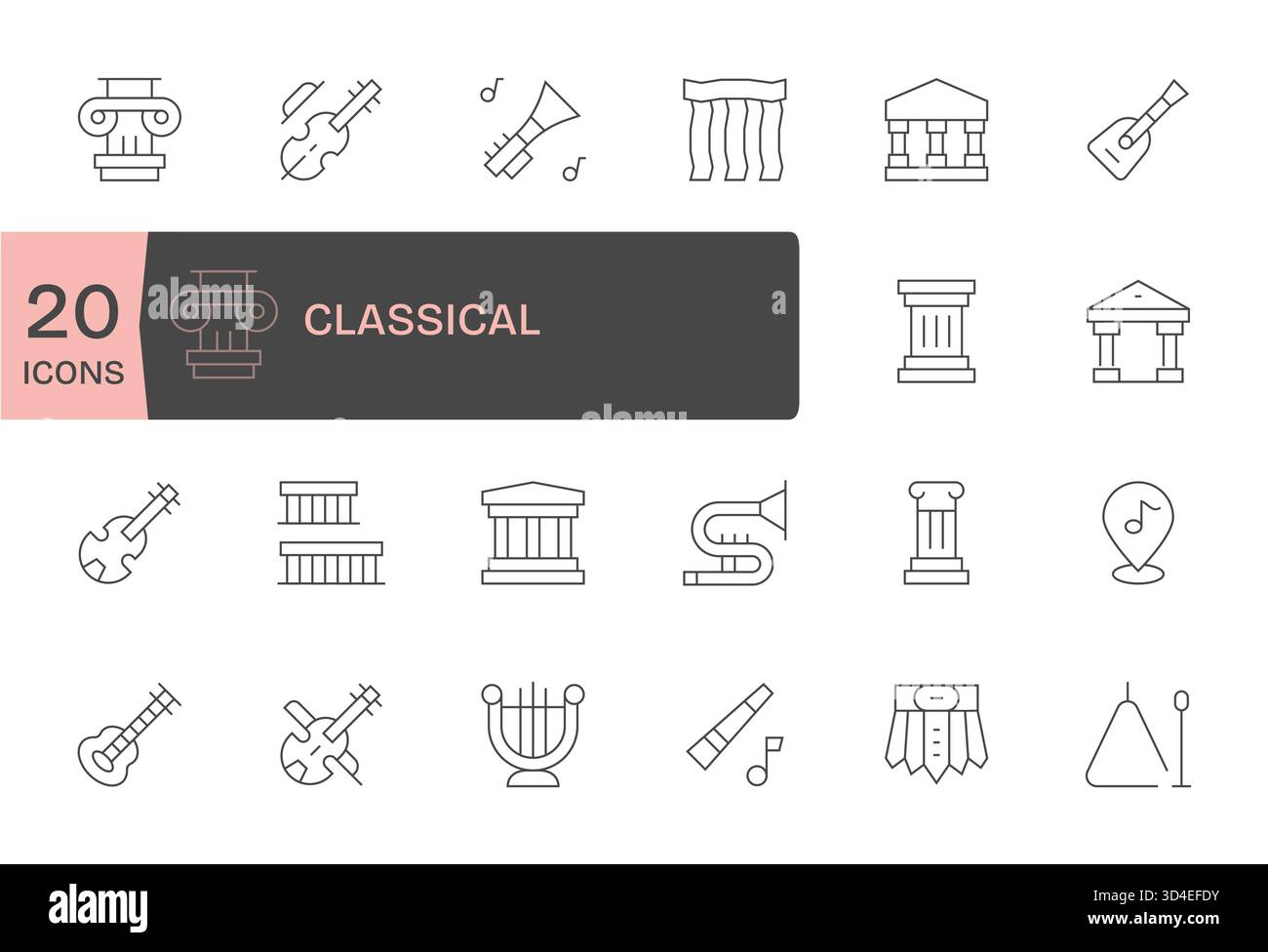 Ein zuverlässiges Paket mit 20 dünnen Symbolen, die auf Klassik ausgerichtet sind und für Klarheit in der Benutzeroberfläche entwickelt wurden. Stock Vektor