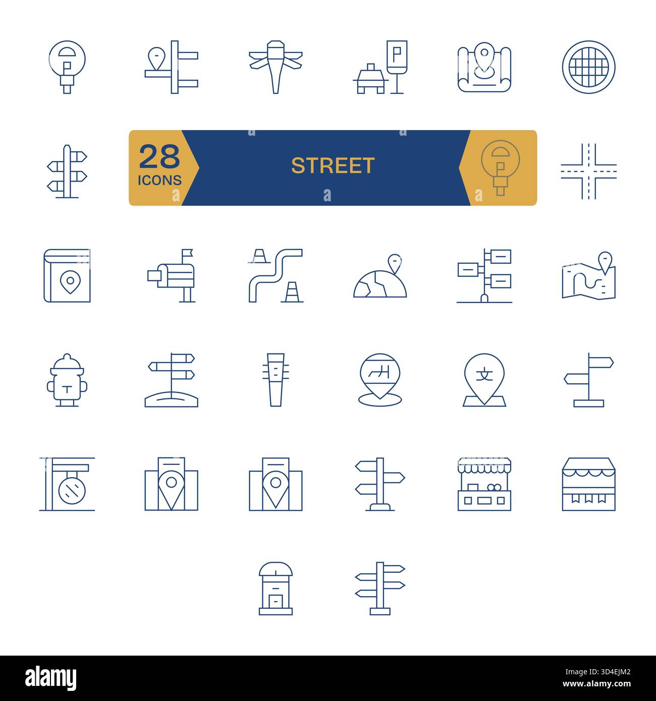 Kuratiertes Paket mit 32 Vektorsymbolen im Thin Line Design, das sich um Street Concepts dreht. Stock Vektor