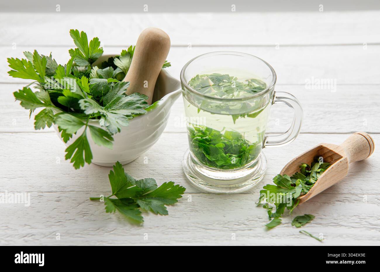 Hausgemachter Kräuter-Heiltee aus Petersilie Petroselinum crispum. Grüne Blätter in der Teetasse auf weißem Holzhintergrund mit frischen Blättern. Stockfoto