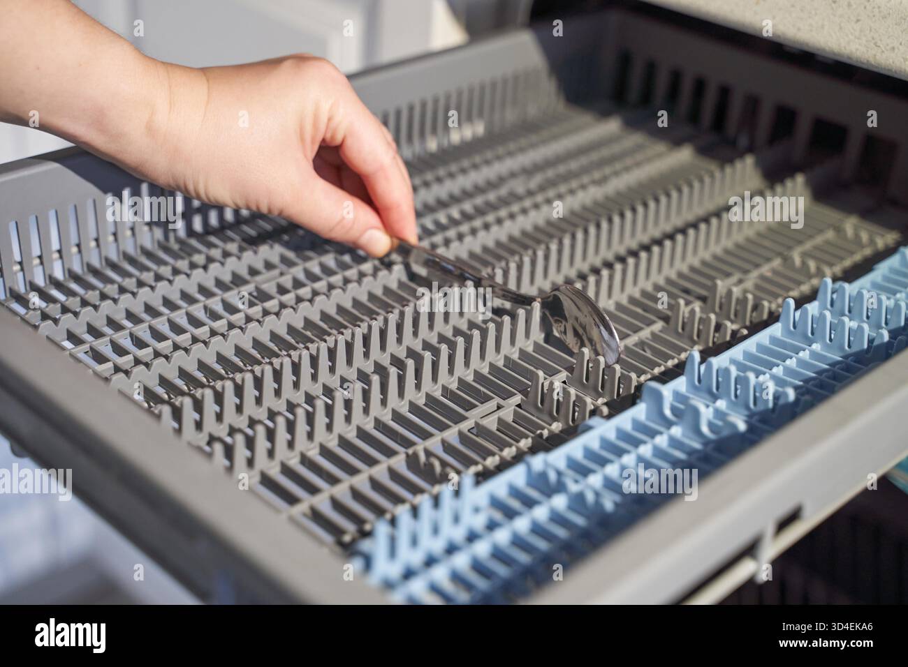 Handeinstellbares Besteck für Frauen im Geschirrspülerregal für effizientes Laden von Küchengeräten. Stockfoto
