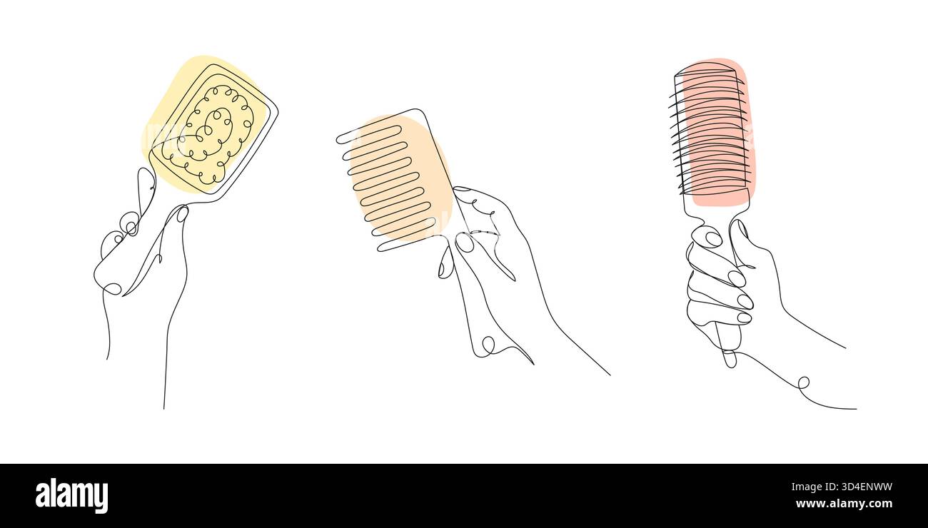 Handsatz, der die Haarbürsten und den Kamm hält. Minimalistische einzeilige Vektor-Illustration für Schönheit, Haarpflege, Salon, Mode Design Projekte. Stock Vektor