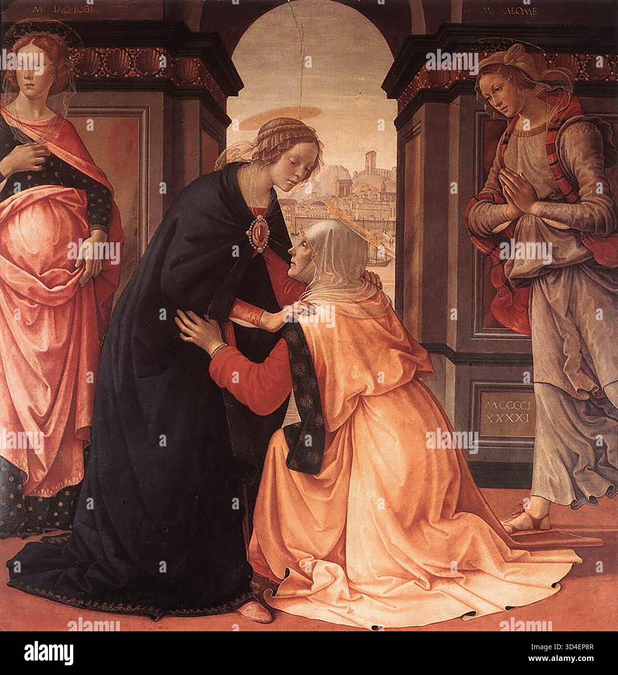 GHIRLANDAIO, Domenico (* 1449, Firenze, d. 1494, Firenze) Besichtigung ca. 1491 Tempera auf Holz, 172 x 165 cm Mus?e du Louvre, Paris das Mus?e du Louvre in Paris besitzt ein Tafelbild von Ghirlandaio, das sich von anderen unterscheidet. Wie eine der Fresken in der Kapelle von Tornabuoni zeigt sie die Besuchszeit. Ghirlandaio malte das Werk 1491 für eine private Kapelle, die Tournabuoni in der Kirche Santa Maria Maddalena dei Pazzi besaß. Studien der Kleidungsstücke zeigen, wie sorgfältig Ghirlandaio jede einzelne Figur für diese ungewöhnliche Arbeit vorbereitet hat. Das gilt insbesondere für die Figur der Heiligen Maria Sa Stockfoto