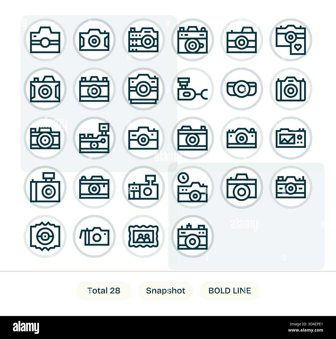 Ein sorgfältig abgestimmter Satz von 28 Symbolen mit fettgedruckten Linien, inspiriert von Snapshot, ideal für komplexe Benutzeroberflächen. Stock Vektor