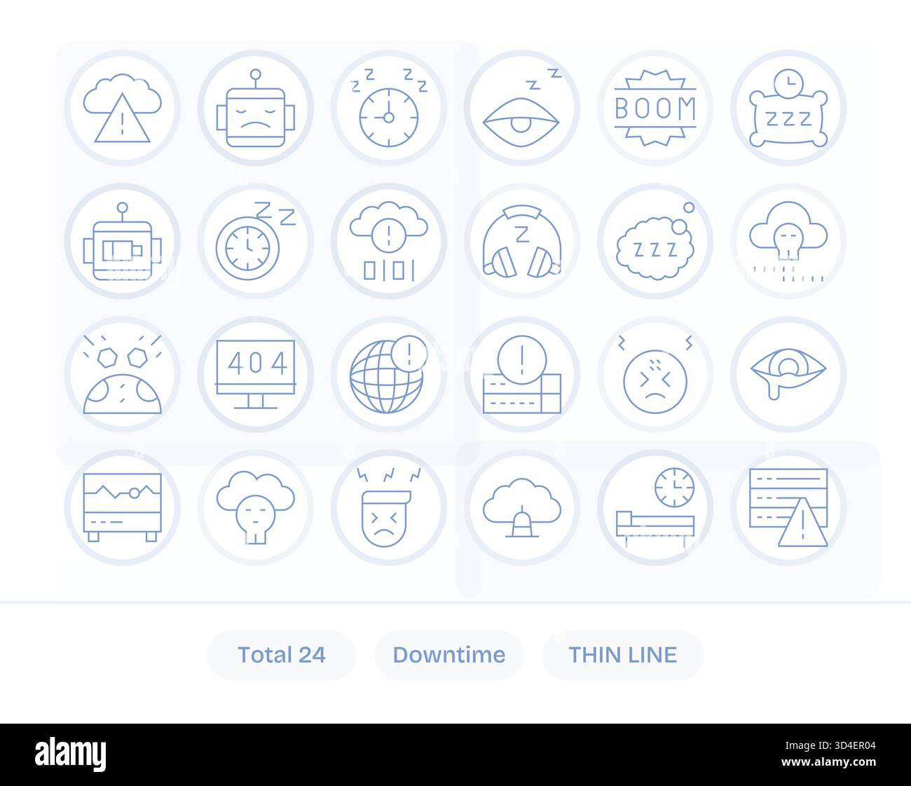 Diese Kollektion enthält 24 Thin Line-Symbole, die speziell auf das Thema Ausfallzeiten zugeschnitten sind und sich hervorragend für digitales Design eignen. Stock Vektor