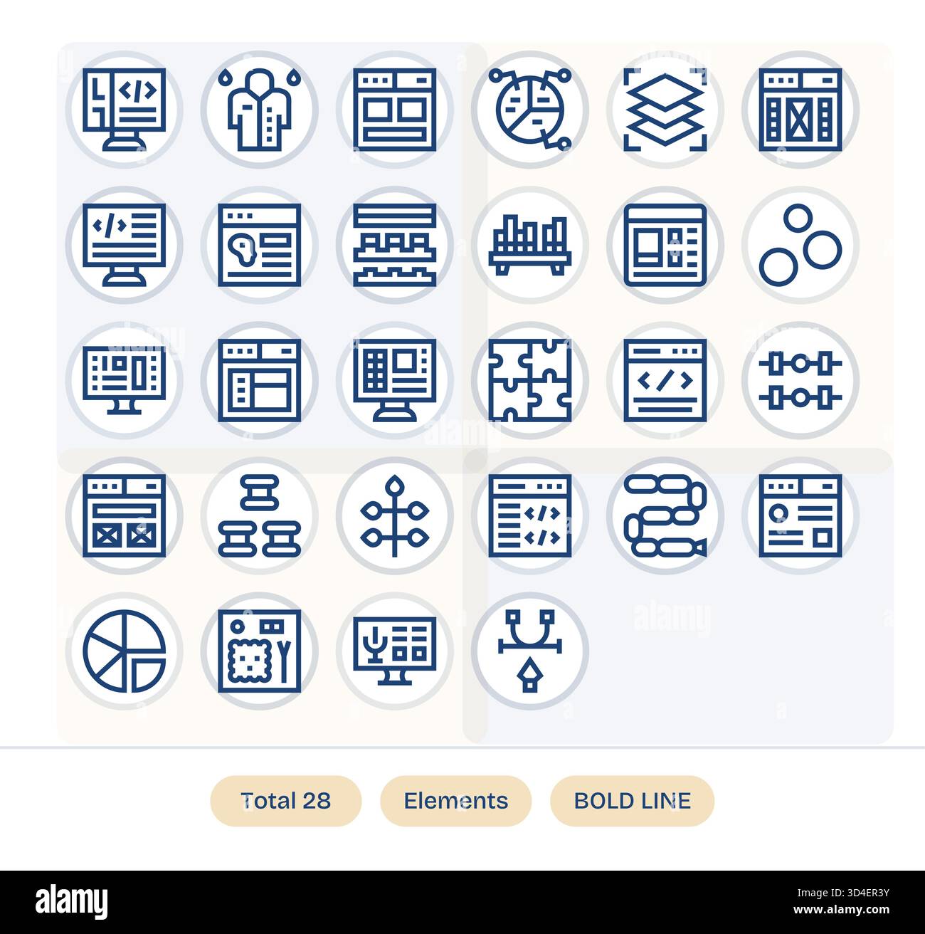 Verfeinern Sie die Produktdarstellung mit 28 Symbolen mit fettgedruckten Linien, die von Elementen inspiriert sind, mit konsistenten Kennzahlen. Stock Vektor