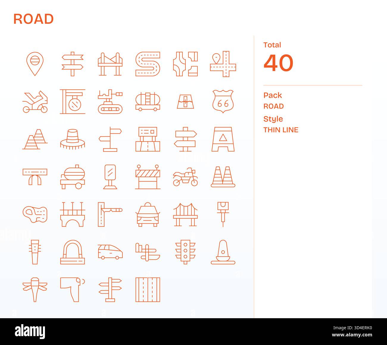 Ein vielseitiger Satz von 40 Thin Line Vektorsymbolen, die sich speziell auf die Straße konzentrieren, ideal für mobile Anwendungen und Webanwendungen. Stock Vektor