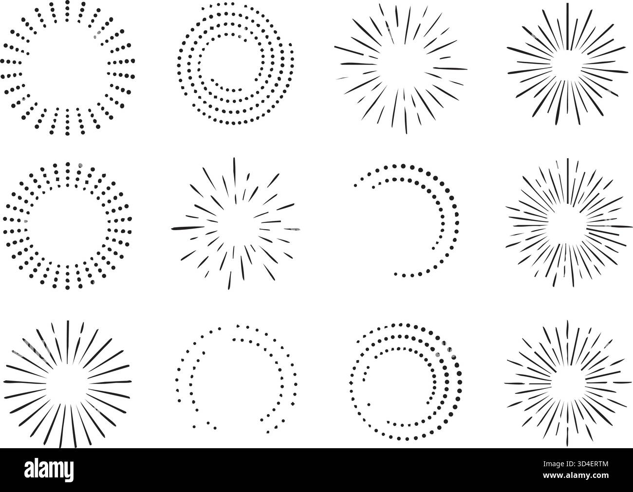 Kreative Vektorillustration von geometrischen Hand gezeichneten Sonnenstrahlen isoliert auf Hintergrund. Kunst Design lineare Sonnenwellen, strahlende Linien strahlende Sterne. Abst Stock Vektor