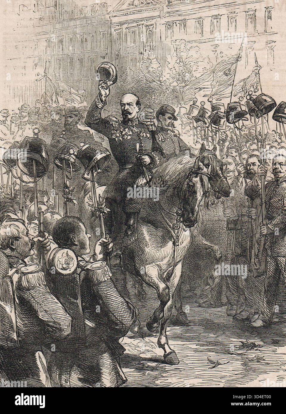 General Louis-Jules Trochu, Präsident der Regierung für nationale Verteidigung, überprüfte die Nationalgarde zu Beginn der Belagerung von Paris im September 1870 während des Deutsch-Französischen Krieges. Stockfoto