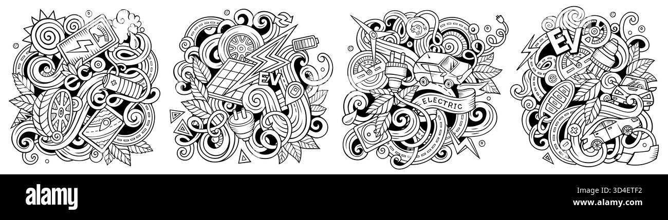 Elektrofahrzeuge Cartoon Vektor Kritzelentwürfe Set. Skizzenhafte, detaillierte Kompositionen mit vielen EV-Objekten und Symbolen Stock Vektor