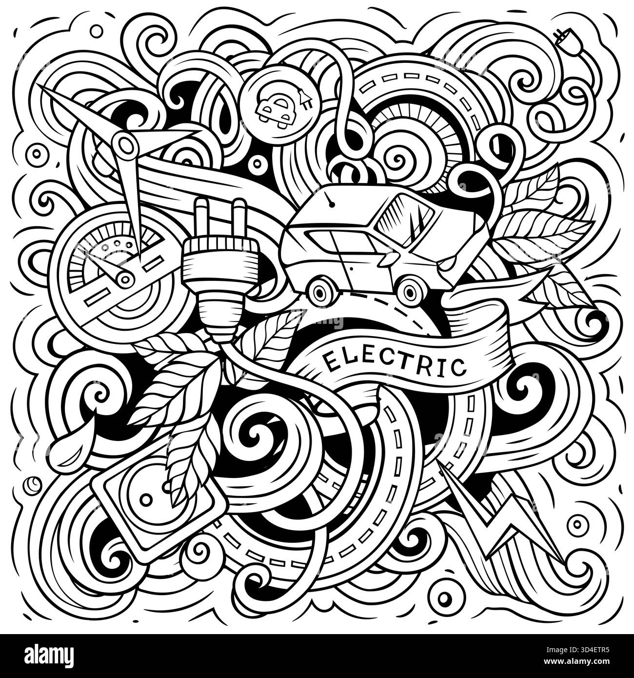 Vektor-Illustration von Elektrofahrzeugen, Öko-Energie, Ladestationen und grüner Technologie im Kritzelstil Stock Vektor