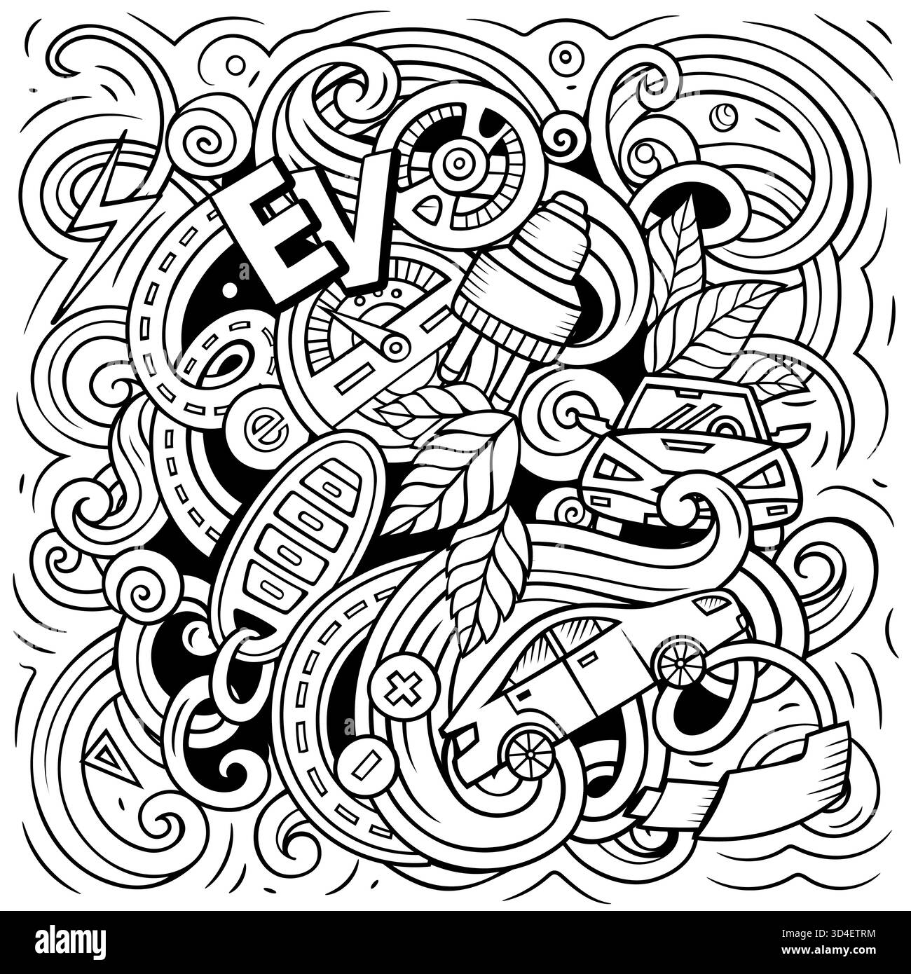 Vektor-Illustration von Elektrofahrzeugen, Öko-Energie, Ladestationen und grüner Technologie im Kritzelstil Stock Vektor