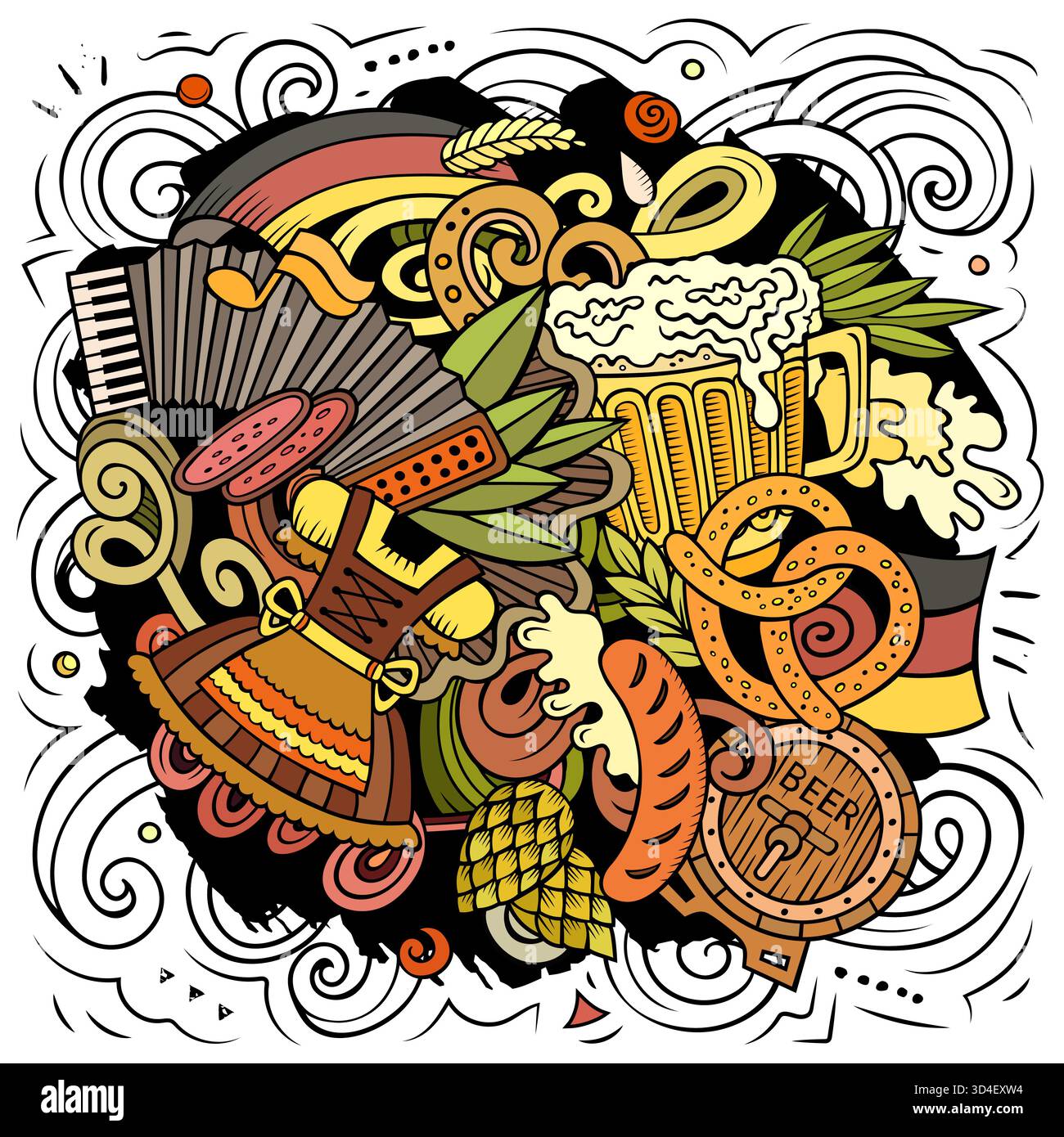 Deutschland handgezeichnete Karikatur Kritzeleien Illustration. Witziges Reisedesign. Kreative Kunst Vektor Hintergrund. Deutsche Symbole, Elemente und Objekte. Farbenfrohe c Stock Vektor