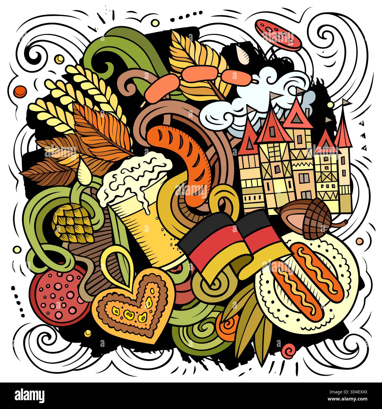 Deutschland handgezeichnete Karikatur Kritzeleien Illustration. Witziges Reisedesign. Kreative Kunst Vektor Hintergrund. Deutsche Symbole, Elemente und Objekte. Farbenfrohe c Stock Vektor