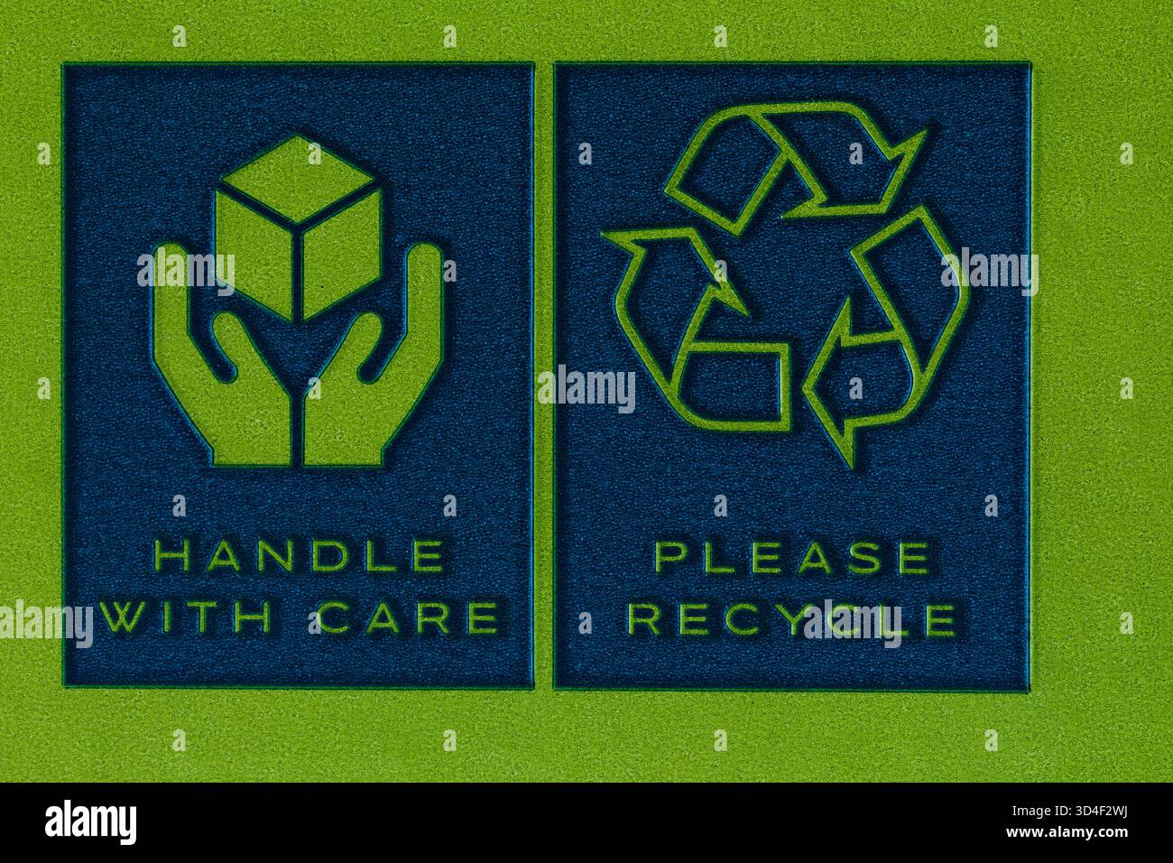 Mit Vorsicht handhaben Logo-Symbol Bitte recyceln Sie Logos-Symbole auf der Verpackung Stockfoto
