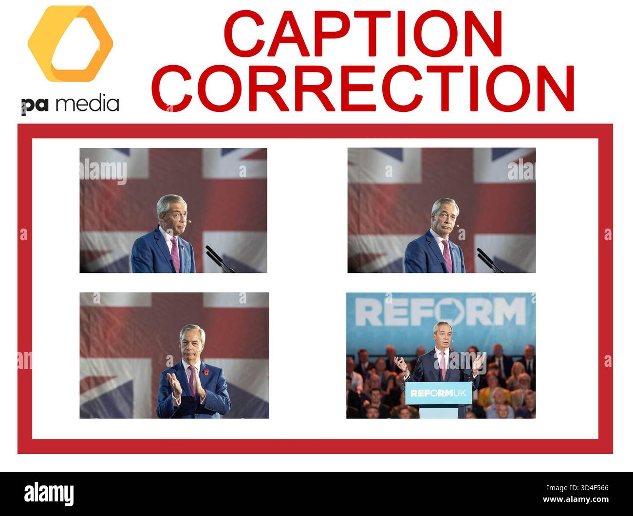 ACHTUNG BILDREDAKTEURE, CHIEF SUBS UND PICTURE LIBRARIES: Bildunterschrift für Bilder, die am 10/11/25 über PA Wire übertragen wurden, schleppte POLITIKREFORM Korrektur des Namens von Kevin Byrne, Gründer von Checkatrade to Reform britischer Führer Nigel Farage korrekte Bildunterschrift sollte lauten: Reform britischer Führer Nigel Farage während einer Pressekonferenz in den Royal Horticultural Halls in Westminster, London. Bilddatum: Montag, 10. November 2025. Stockfoto