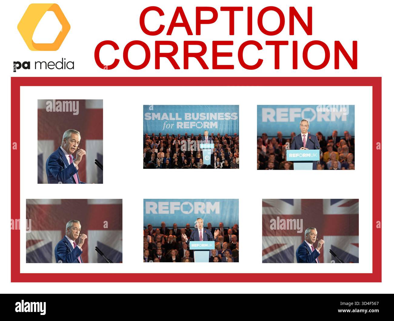 ACHTUNG BILDREDAKTEURE, CHIEF SUBS UND PICTURE LIBRARIES: Bildunterschrift für Bilder, die am 10/11/25 über PA Wire übertragen wurden, schleppte POLITIKREFORM Korrektur des Namens von Kevin Byrne, Gründer von Checkatrade to Reform britischer Führer Nigel Farage korrekte Bildunterschrift sollte lauten: Reform britischer Führer Nigel Farage während einer Pressekonferenz in den Royal Horticultural Halls in Westminster, London. Bilddatum: Montag, 10. November 2025. Stockfoto