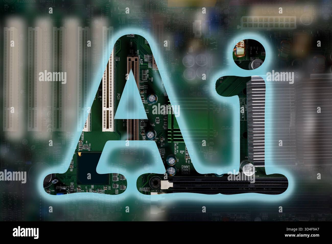 KI-Text über PC-Mainboard, um künstliche Intelligenz im Computergeschäft zu zeigen Stockfoto