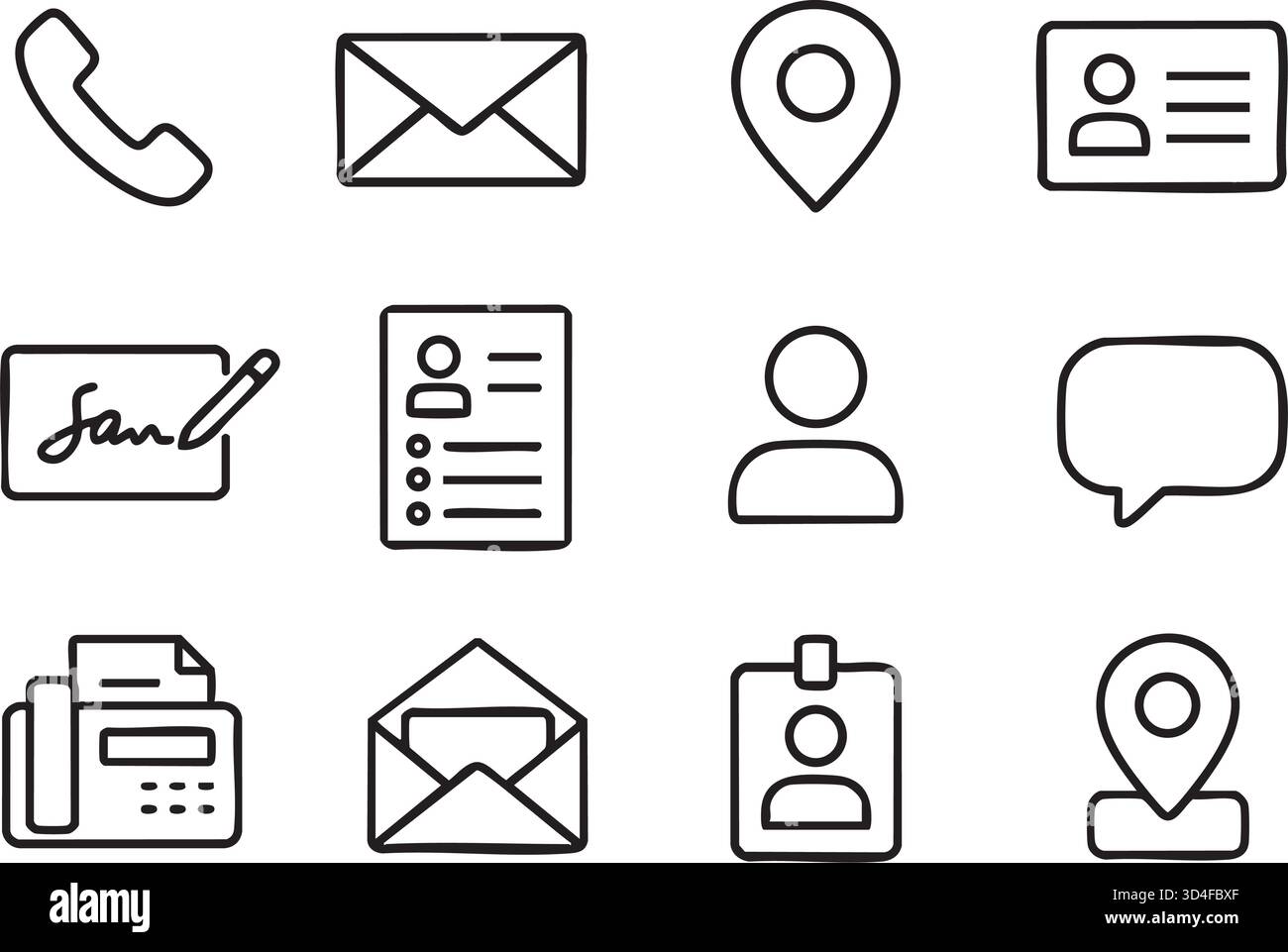 Symbole Für Absenderkontakt. Kontursymbole für Kontaktinformationen des Absenders: Telefonsymbol, E-Mail-Umschlag, Adressetikett, Profilkarte, Unterschriftenblock, Mailingliste, c Stock Vektor