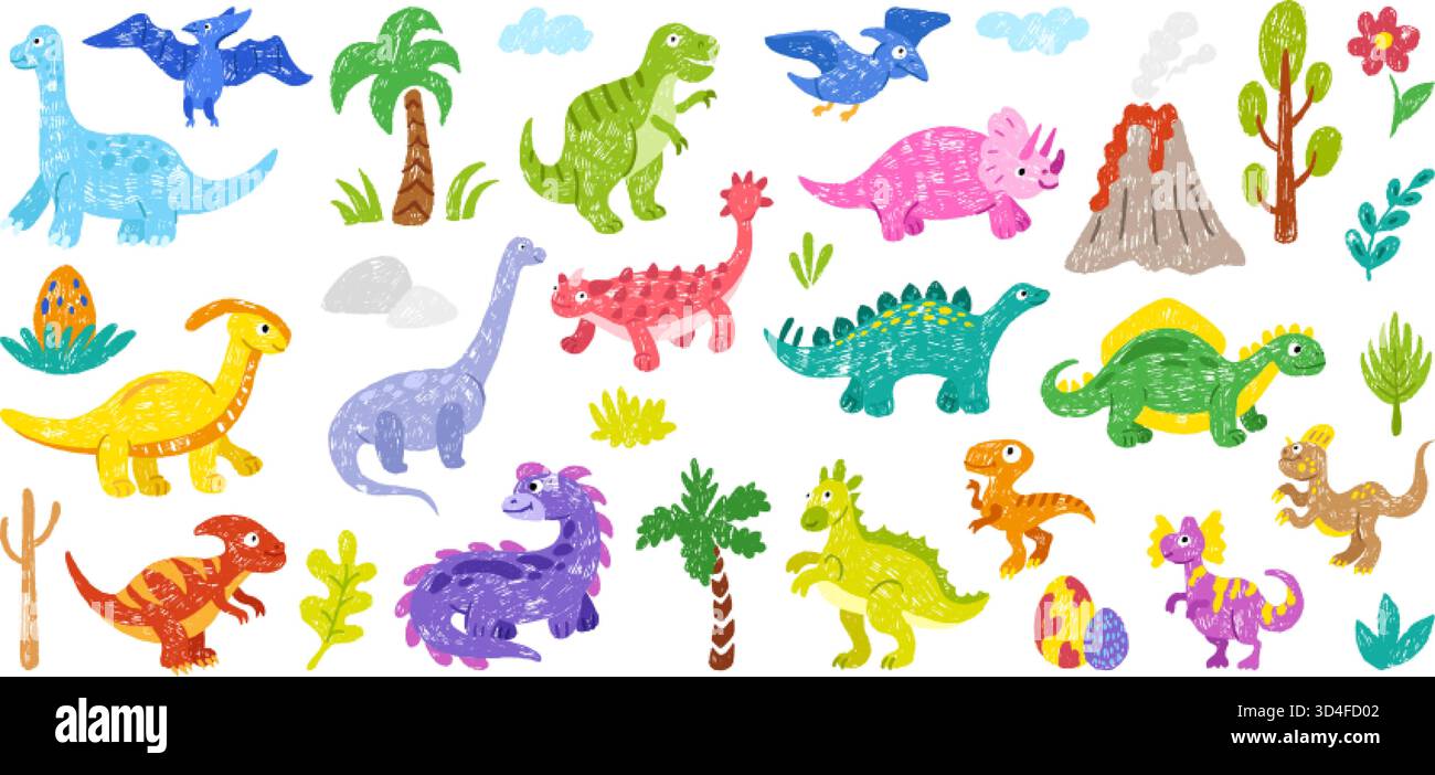Handgezeichneter Dino. Dinosaurier, Zeichentrickfilme Dinos Kinder im Zeichenstil. Doodle Monster Charaktere, farbige Bleistiftvulkan, Palme, Eier, neoterische Vektoren Stock Vektor