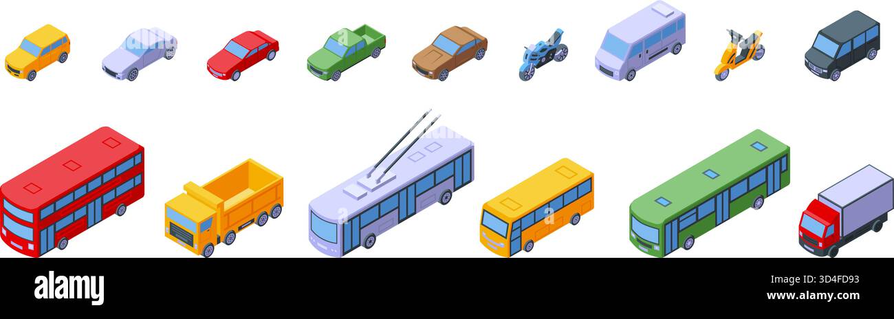 Isometrische öffentliche Verkehrsmittel. Pkw-Lkw-Bus-Motorräder, soziale und persönliche 3D-Fahrzeugsymbole. Lieferung und Stadtlogistik, Stadtverkehr, raffiniert Stock Vektor