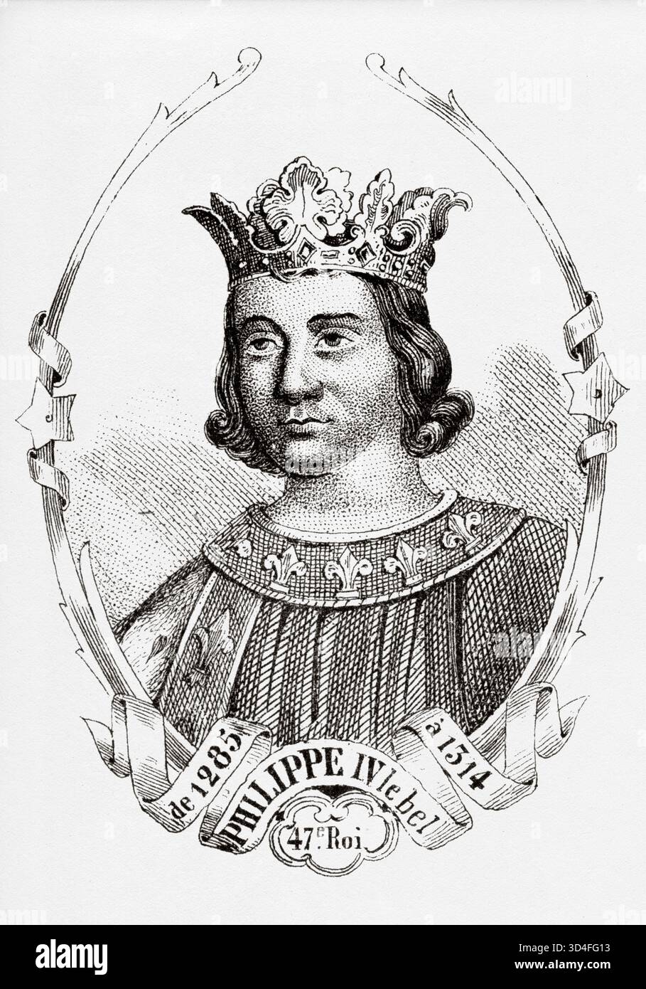 Porträt von Philipp IV. Der Messe (1268–1314) König von Frankreich. Antike Illustration von Emile Simon (1805-1886) aus dem historischen und malerischen Atlas, Universal History 1861 Stockfoto
