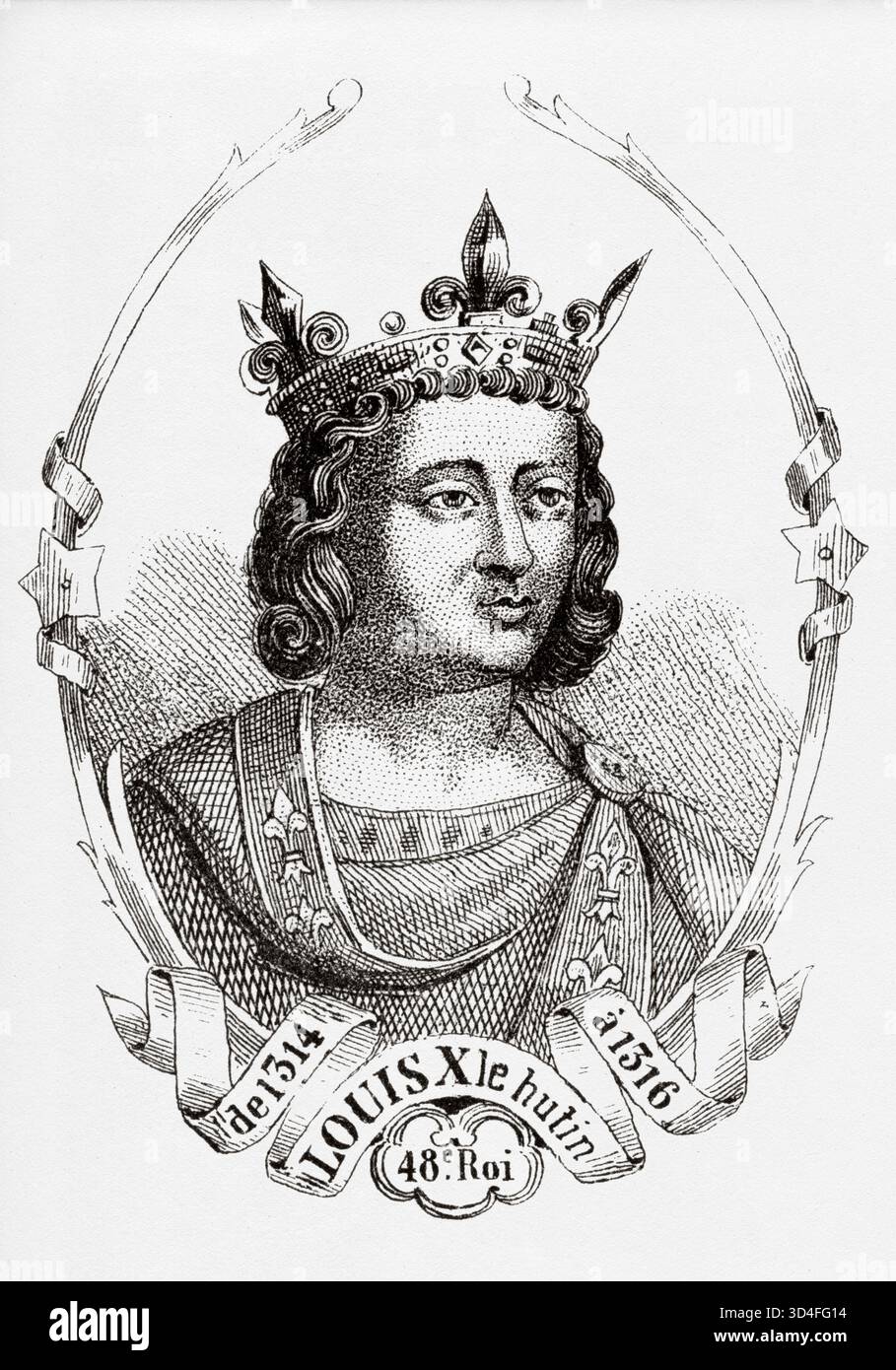 Porträt von Ludwig X. dem Quarrelsome (1289–1316) König von Frankreich. Antike Illustration von Emile Simon (1805-1886) aus dem historischen und malerischen Atlas, Universal History 1861 Stockfoto