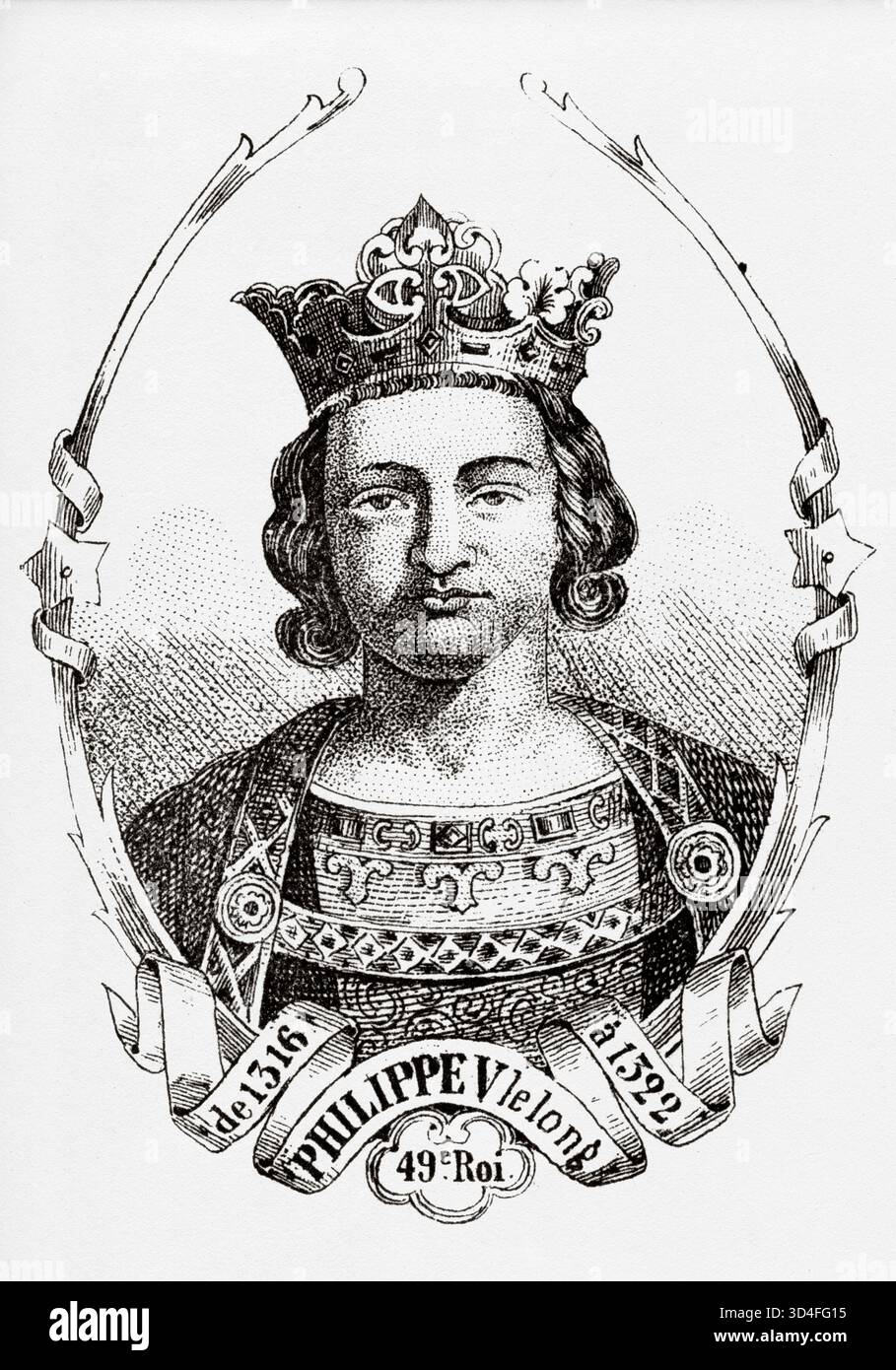 Porträt von Philipp V. dem Großen (1291–1322) König von Frankreich. Antike Illustration von Emile Simon (1805-1886) aus dem historischen und malerischen Atlas, Universal History 1861 Stockfoto