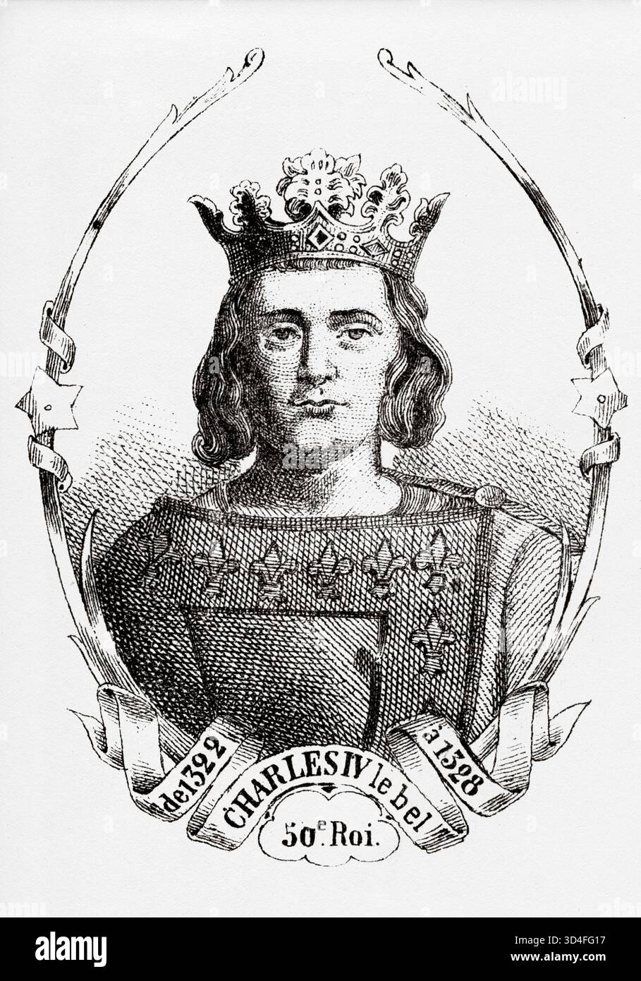Porträt von Karl IV. Der Messe (1294–1328) König von Frankreich. Antike Illustration von Emile Simon (1805-1886) aus dem historischen und malerischen Atlas, Universal History 1861 Stockfoto