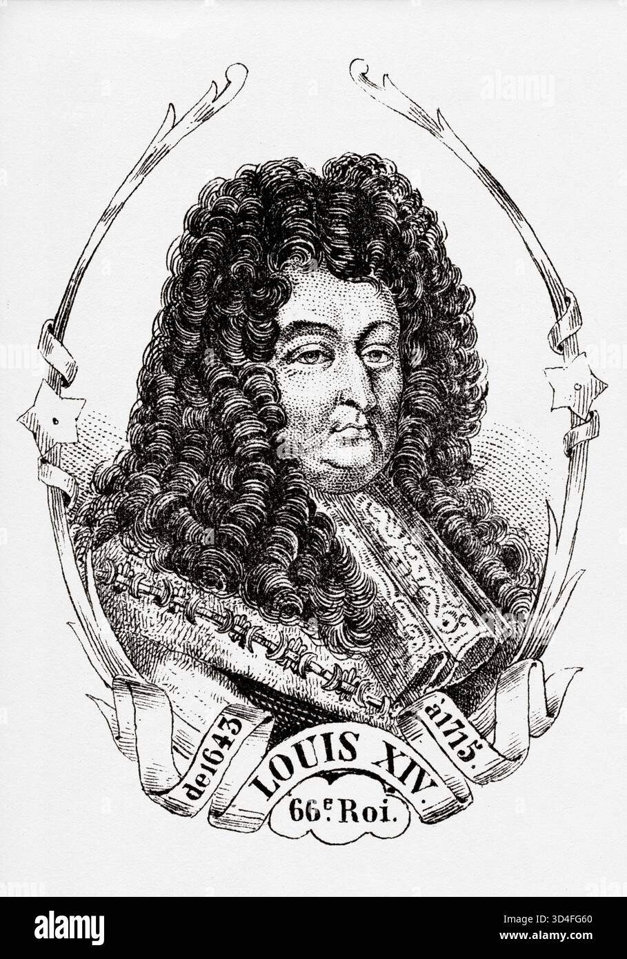 Porträt von Ludwig XIV. (1638–1715) König von Frankreich. Antike Illustration von Emile Simon (1805-1886) aus dem historischen und malerischen Atlas, Universal History 1861 Stockfoto