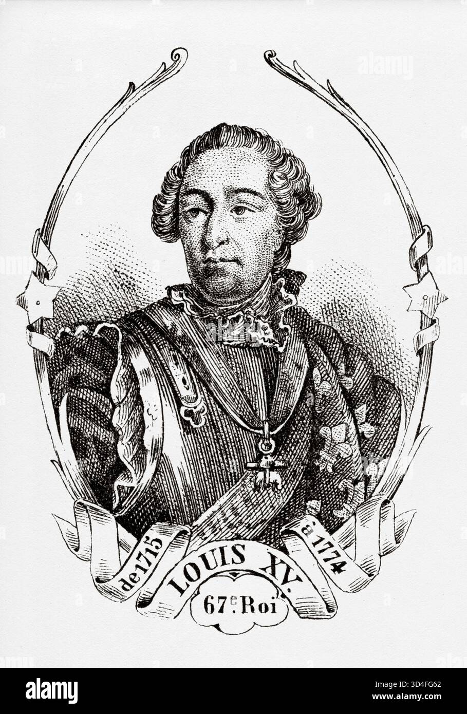 Porträt von Ludwig XV. Dem Geliebten (1710–1774) König von Frankreich. Antike Illustration von Emile Simon (1805-1886) aus dem historischen und malerischen Atlas, Universal History 1861 Stockfoto