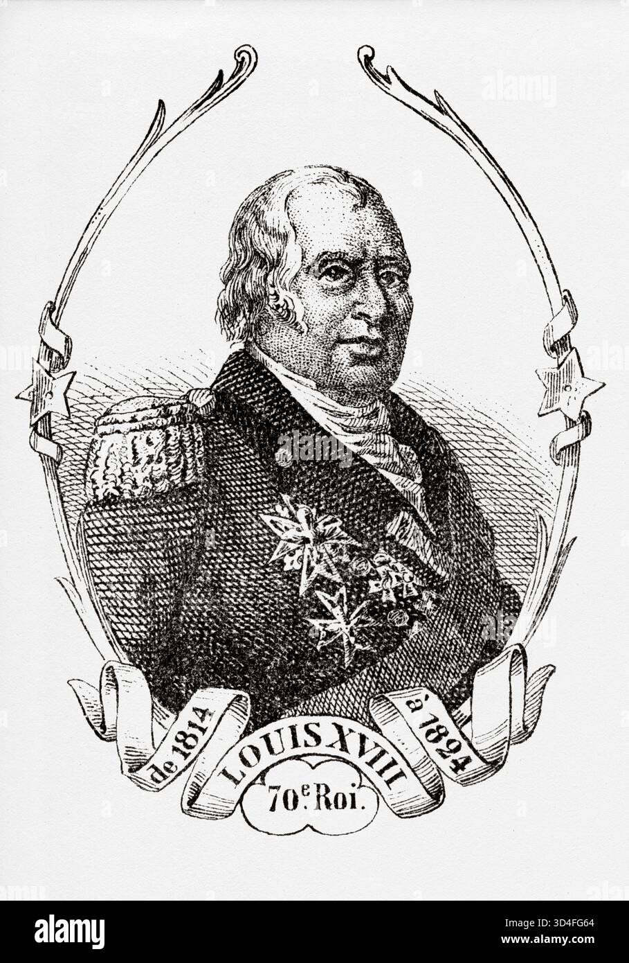 Porträt von Ludwig XVIII. Dem ersehnten (1755–1824) König von Frankreich. Antike Illustration von Emile Simon (1805-1886) aus dem historischen und malerischen Atlas, Universal History 1861 Stockfoto