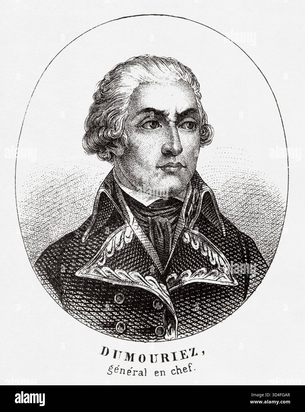 Porträt von Charles Francois du Périer Dumouriez (1739–1823) war ein französischer Offizier, Außenminister, Kriegsminister in einem Kabinett der Girondin und General der Armee während des Französischen Unabhängigkeitskrieges. Antike Illustration von Emile Simon (1805-1886) aus dem historischen und malerischen Atlas, Universal History 1861 Stockfoto