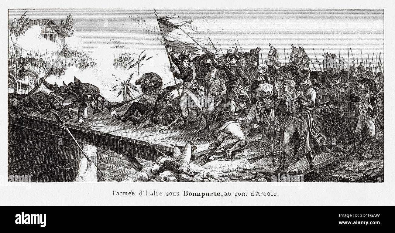 Die Schlacht von Arcole (15.–17. November 1796) wurde zwischen französischen und österreichischen Truppen 25 km südöstlich von Verona während des Ersten Koalitionskrieges ausgetragen. Antike Illustration von Emile Simon (1805-1886) aus dem historischen und malerischen Atlas, Universal History 1861 Stockfoto