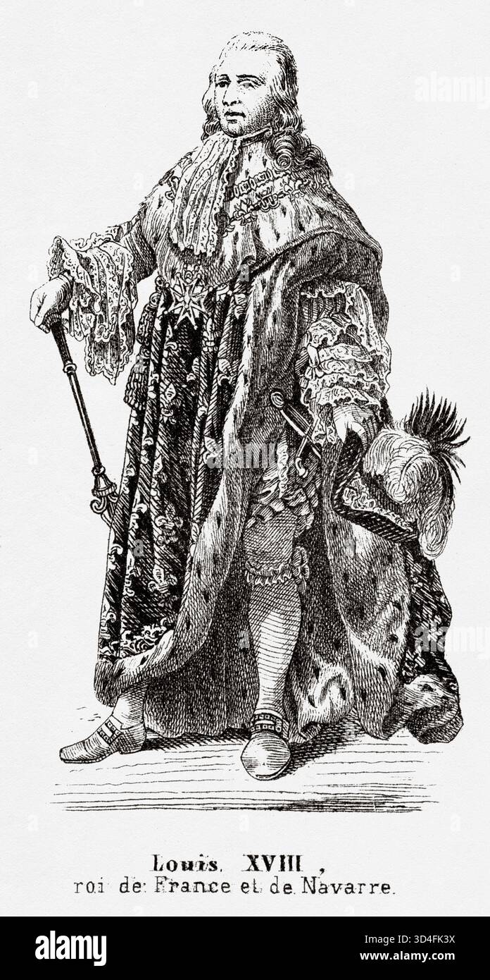 Porträt von Ludwig XVIII. Dem ersehnten (1755–1824) König von Frankreich und Navarra. Antike Illustration von Emile Simon (1805-1886) aus dem historischen und malerischen Atlas, Universal History 1861 Stockfoto