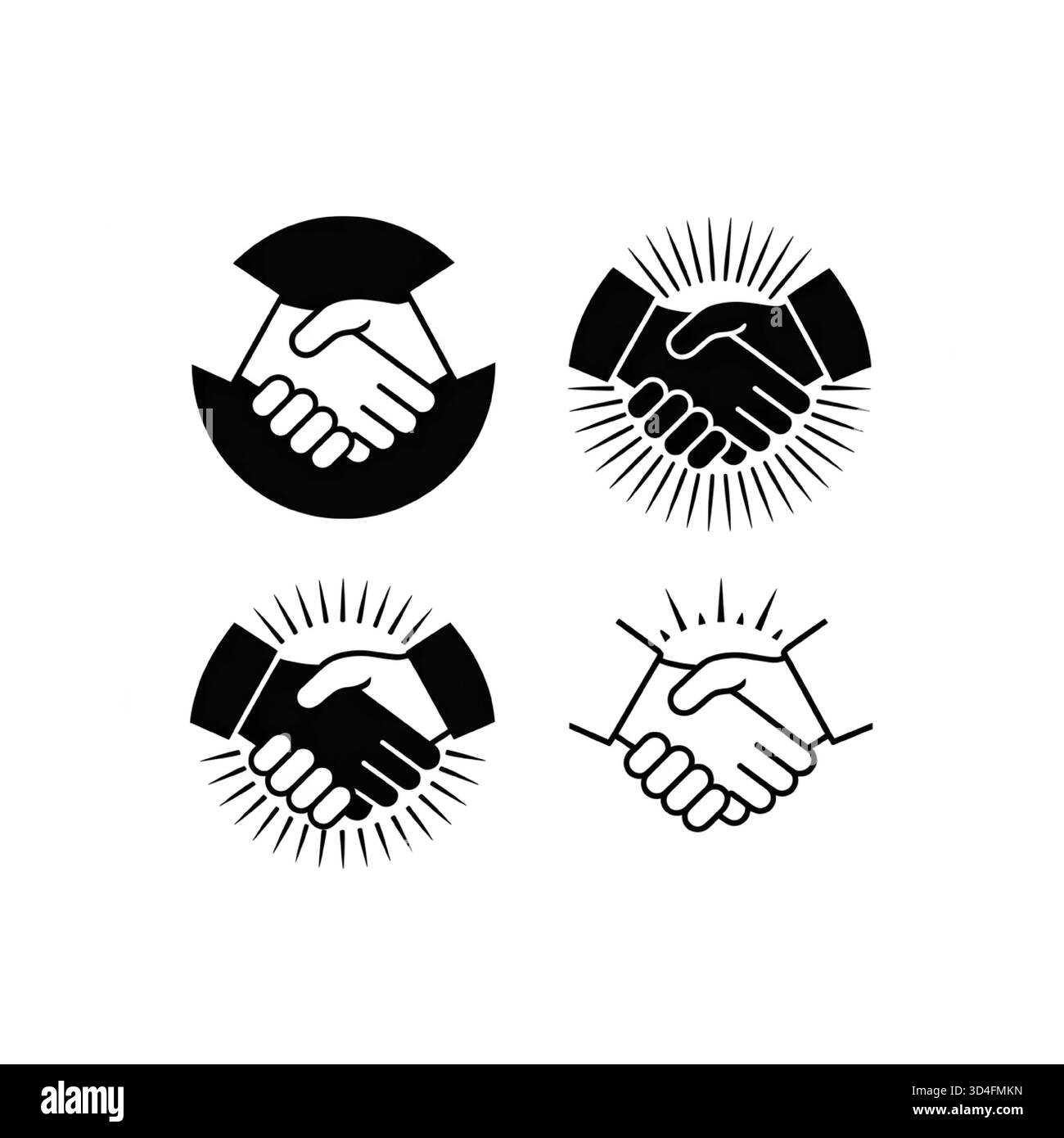 Eine Sammlung von vier grafischen Symbolen in Schwarz und weiß, die Handschläge darstellen, die Vereinbarung, Partnerschaft und Erfolg symbolisieren. Stock Vektor