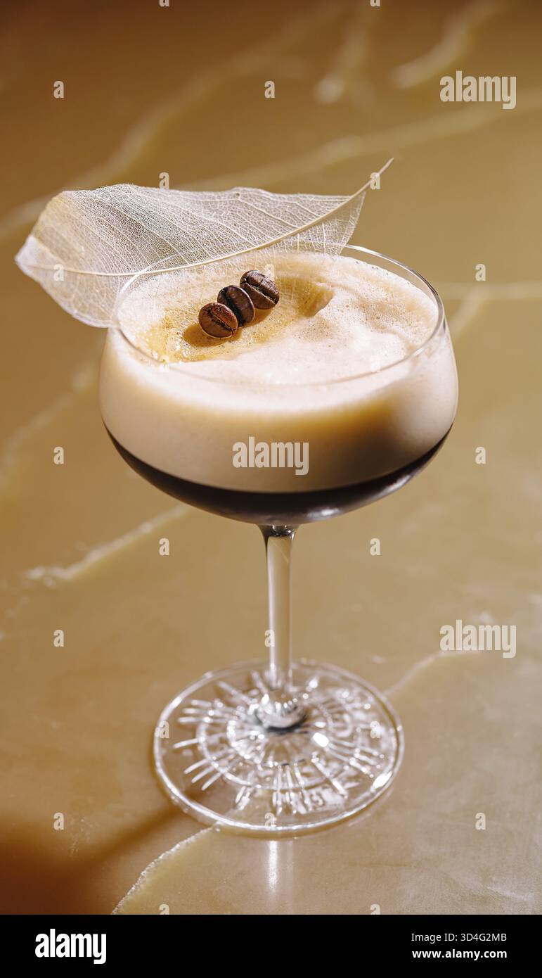 Speisen, raffinierter Espresso Martini garniert mit Kaffeebohnen und einem zarten Blatt, serviert in einem klassischen Glas Stockfoto