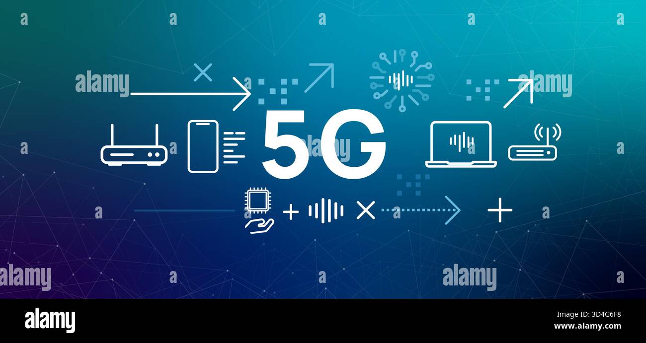 5G Wireless Network Technology Konzept Banner Symbole verbundene Geräte Router Smartphone Laptop Hochgeschwindigkeitsdatenübertragung Zukunft globaler Mobilgeräte Stock Vektor