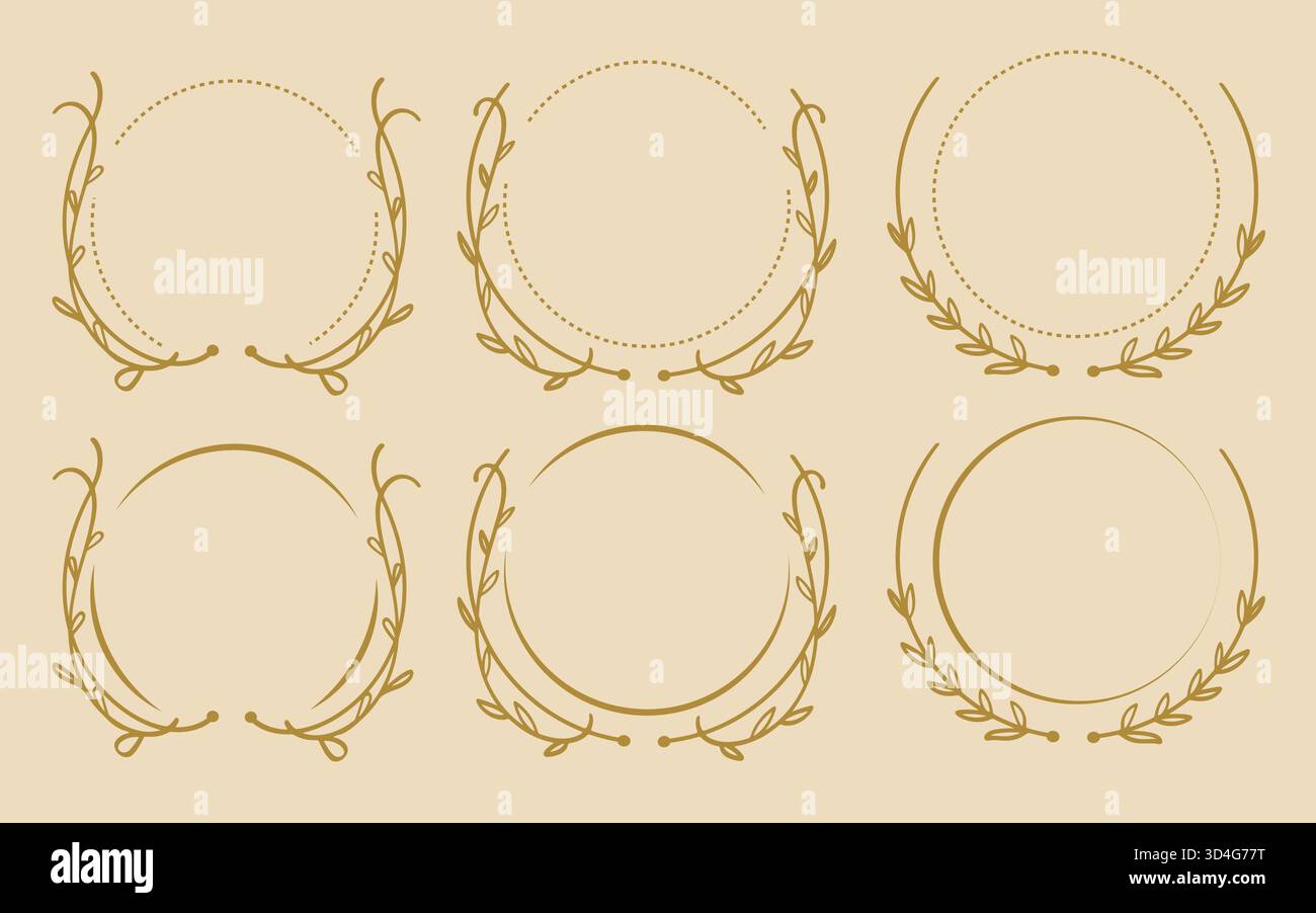 Vintage Nature Botanical Circle Border Gold Collection Handgezeichnete Lorbeerkranz Kollektion. Vektorabbildung Stock Vektor