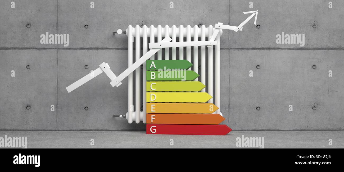 Klassischer Heizkörper mit Pfeil vor Hintergrund - 3D Abbildung Stockfoto
