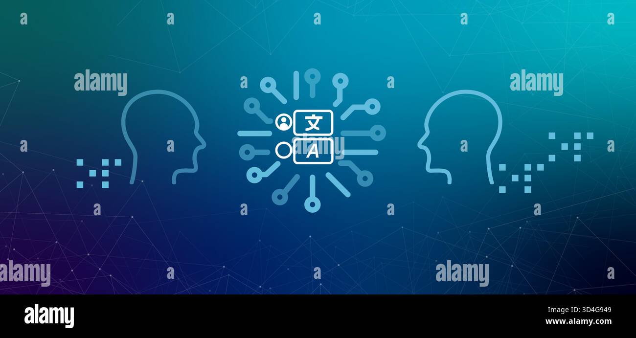 Sprache-zu-Sprache-Übersetzung Illustration Verlauf Hintergrund Symbole Mensch verbunden mit Sprache Echtzeit Audio-Übersetzung und futuristisch Stock Vektor